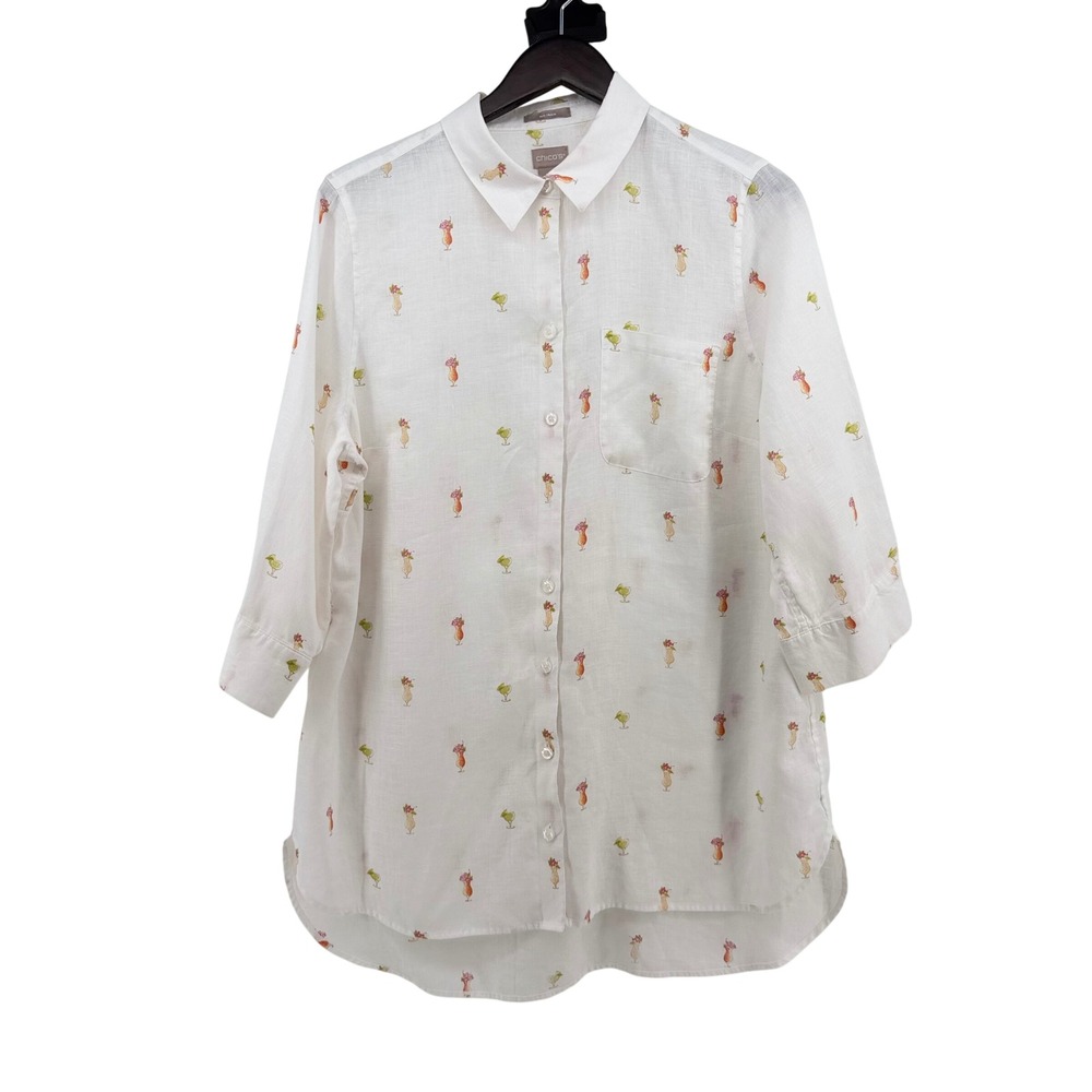Chicos White Linen‎ Tropical Cocktail Print 3/4 Sleeve Tunic Shirt Size 2 L XL